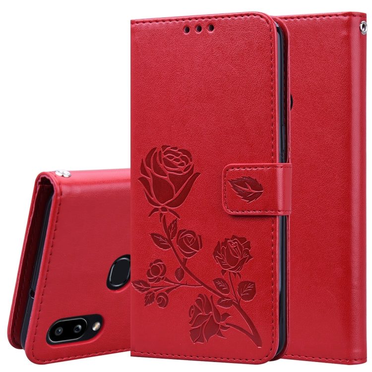 Red rose-embossed flip PU leather phone wallet case with card holder and slots