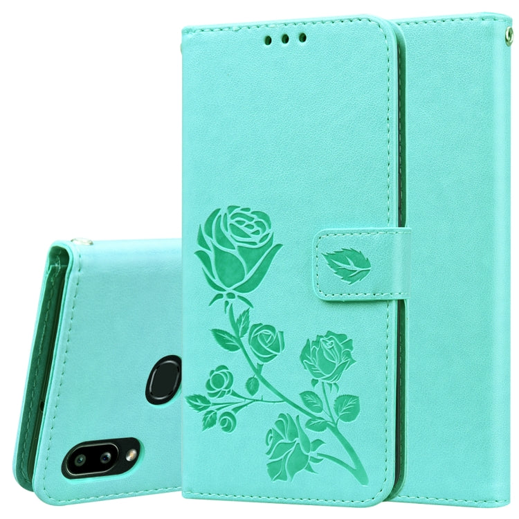 Teal rose-embossed flip PU leather phone wallet case with card holder flap