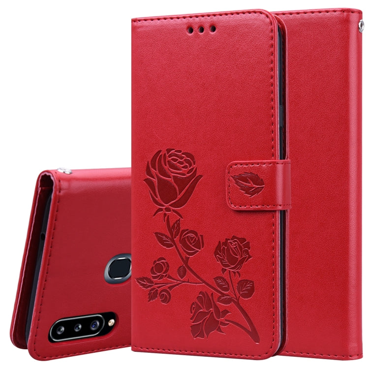 Red rose-embossed flip PU leather phone wallet case with card holder flap