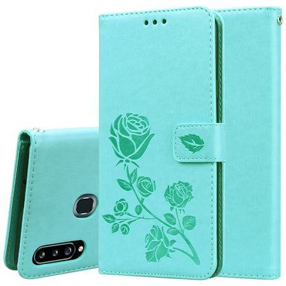 Teal rose-embossed flip PU leather phone wallet case with card holder flap