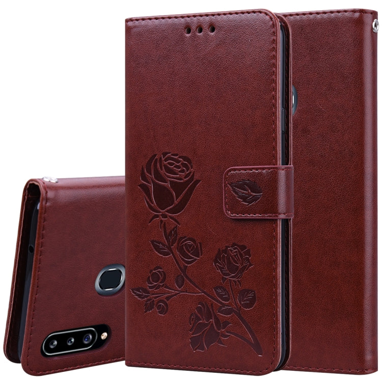 Rose-embossed PU leather flip wallet case with card slots and stand, burgundy