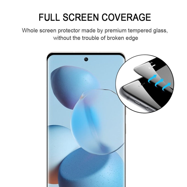 Full-screen tempered glass protector with curved fit, shown on a smartphone screen