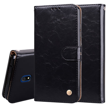 Black flip leather phone wallet case with card slot and magnetic snap, textured oil-wax style