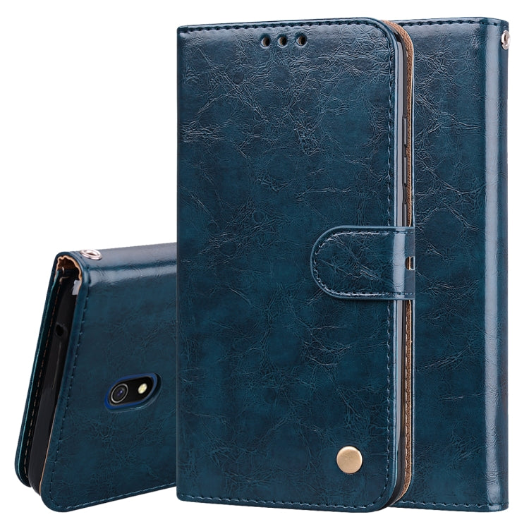 Blue flip leather phone wallet case with card slot pocket and magnetic snap, textured oil-wax style
