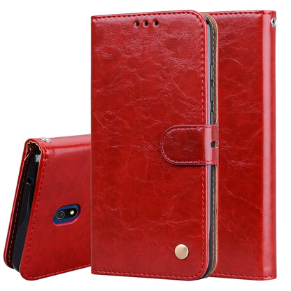 Red flip leather phone wallet case with card slot pocket and magnetic snap, textured oil-wax style