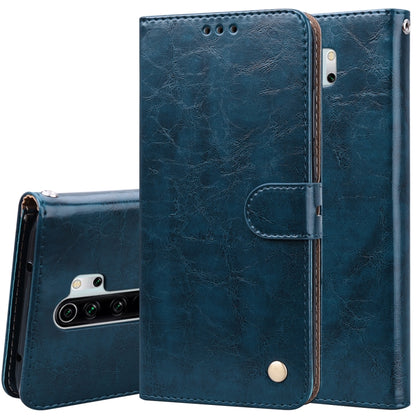 Blue flip leather phone wallet case with card slot pocket and magnetic snap, oil-wax texture