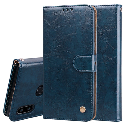 Blue flip leather wallet phone case with card holder and magnetic closure.