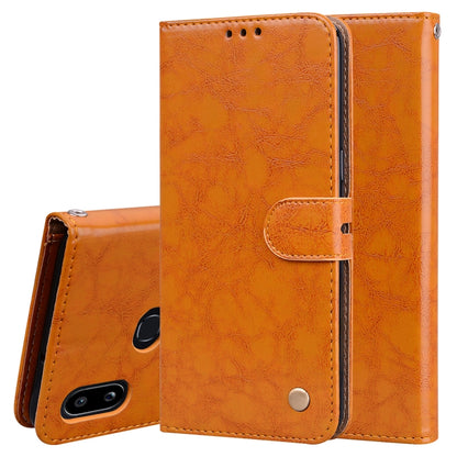 Orange flip leather wallet phone case with card holder and camera cutout.