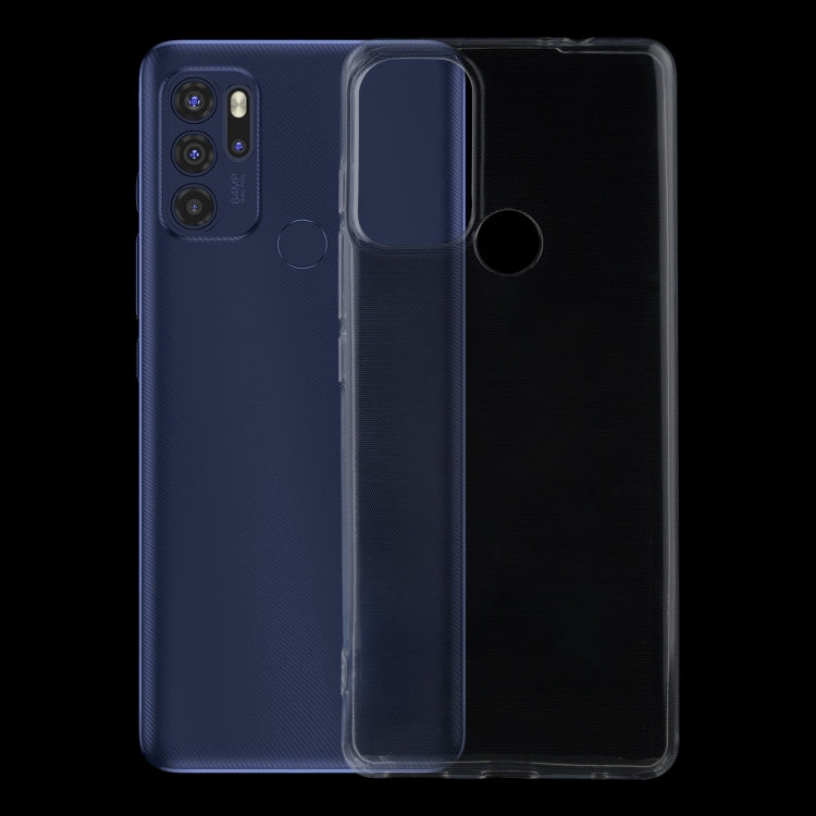 Transparent TPU phone case over a blue phone, showing camera cutout and ports