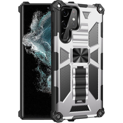 Shockproof armored phone case with magnetic holder, silver with black rugged frame