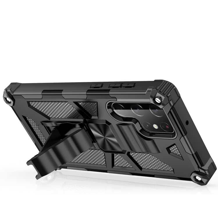Black armored phone case with kickstand, textured grip and camera cutouts