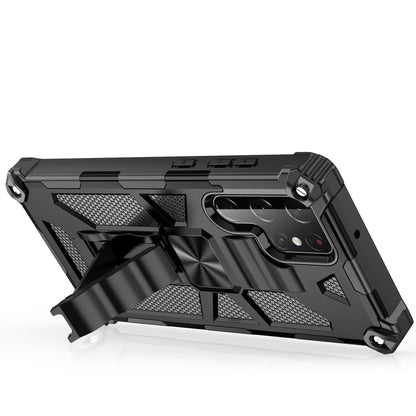 Black armored phone case with kickstand, textured grip and camera cutouts
