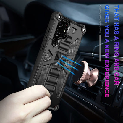 Black protective phone case with magnetic holder and kickstand, textured armor