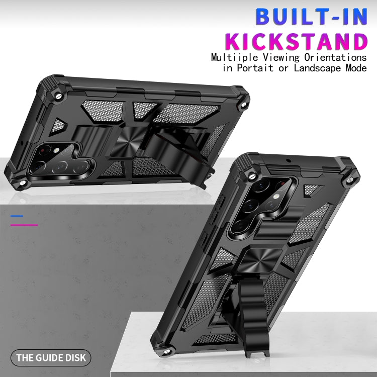 Black armored phone case with built-in kickstand, textured panels and camera protection