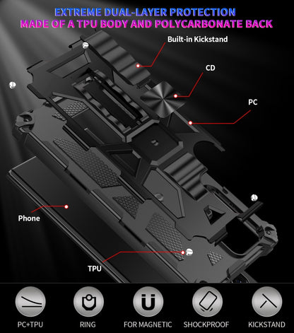 Black dual-layer armored phone case with magnetic ring and kickstand, rugged TPU + PC