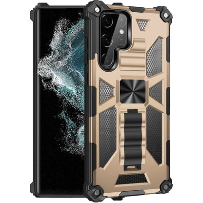 Shockproof armored phone case with magnetic holder, gold with black rugged frame
