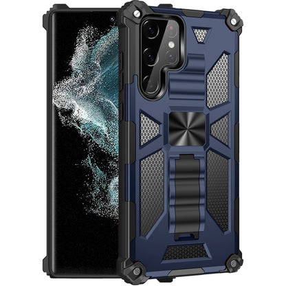 Shockproof armored phone case with magnetic holder, blue with black rugged frame