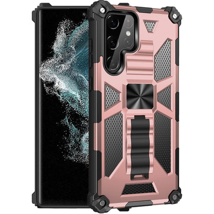Shockproof armored phone case with magnetic holder, rose pink with black rugged frame