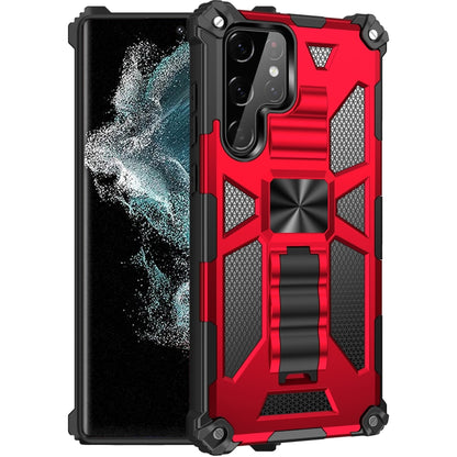 Shockproof magnetic holder phone case, red and black rugged armor shell