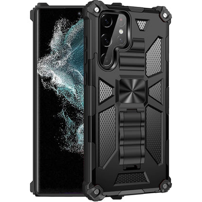Shockproof magnetic holder phone case, black rugged armor shell with raised edges