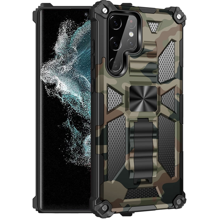 Camouflage shockproof phone case with rugged TPU/PC armor and built-in holder