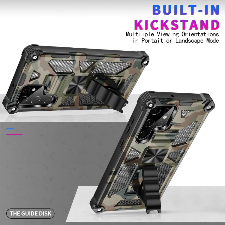 Rugged camouflage phone case with built-in kickstand and raised corner protection