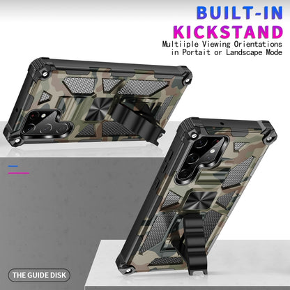 Rugged camouflage phone case with built-in kickstand and raised corner protection