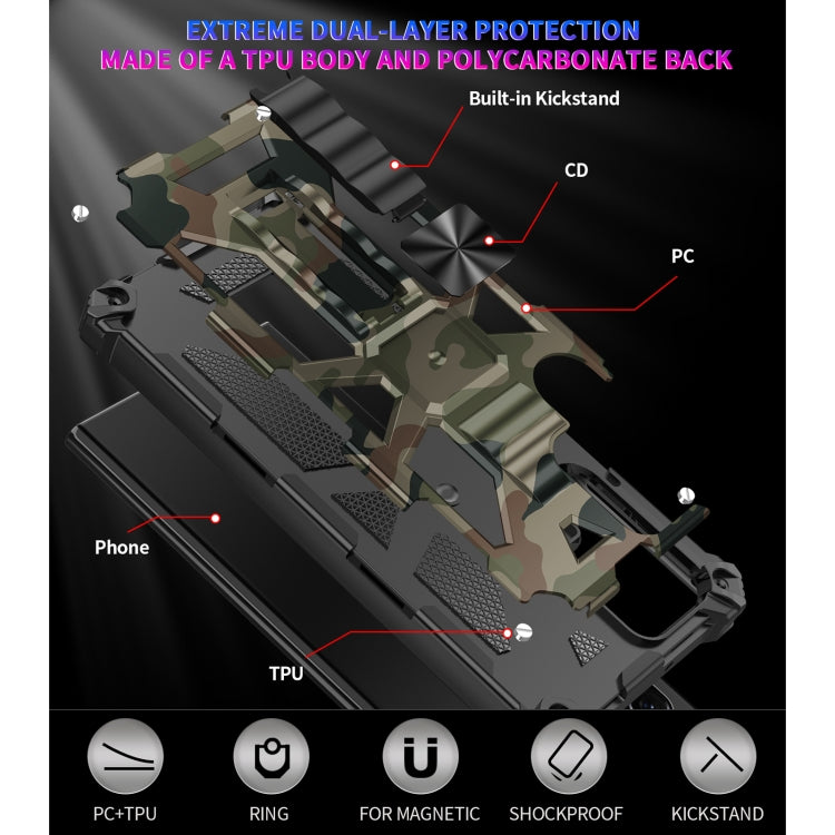Camouflage TPU and PC protective phone case with kickstand and impact-resistant design
