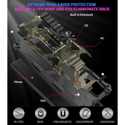 Camouflage TPU and PC protective phone case with kickstand and impact-resistant design