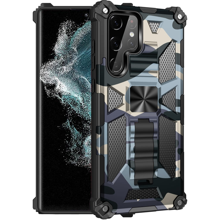 Camouflage shockproof phone case with rugged TPU/PC armor and built-in holder
