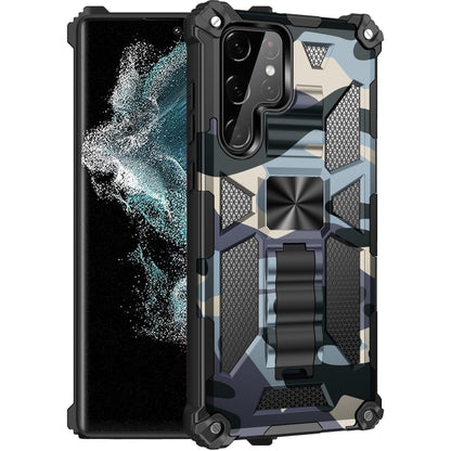 Camouflage shockproof phone case with rugged TPU/PC armor and built-in holder