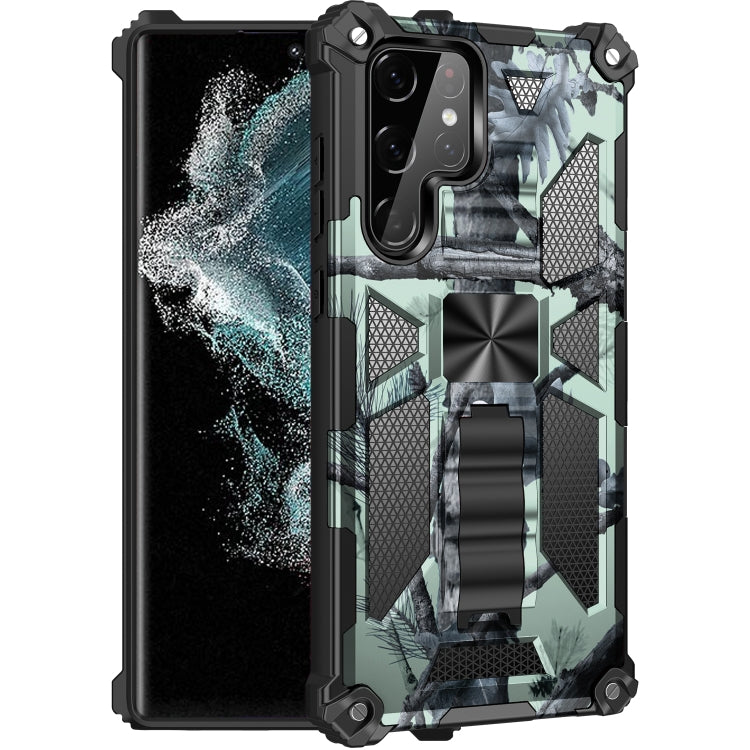 Camouflage shockproof phone case with rugged TPU/PC armor and built-in holder