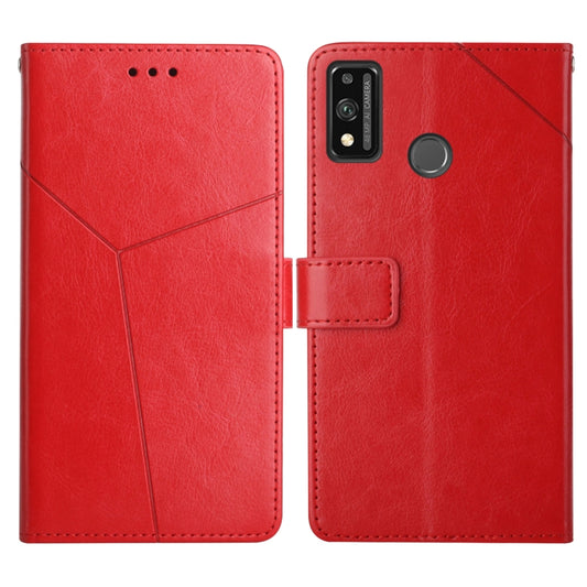 Red leather flip phone case with front camera cutout and card-slot strap detail.