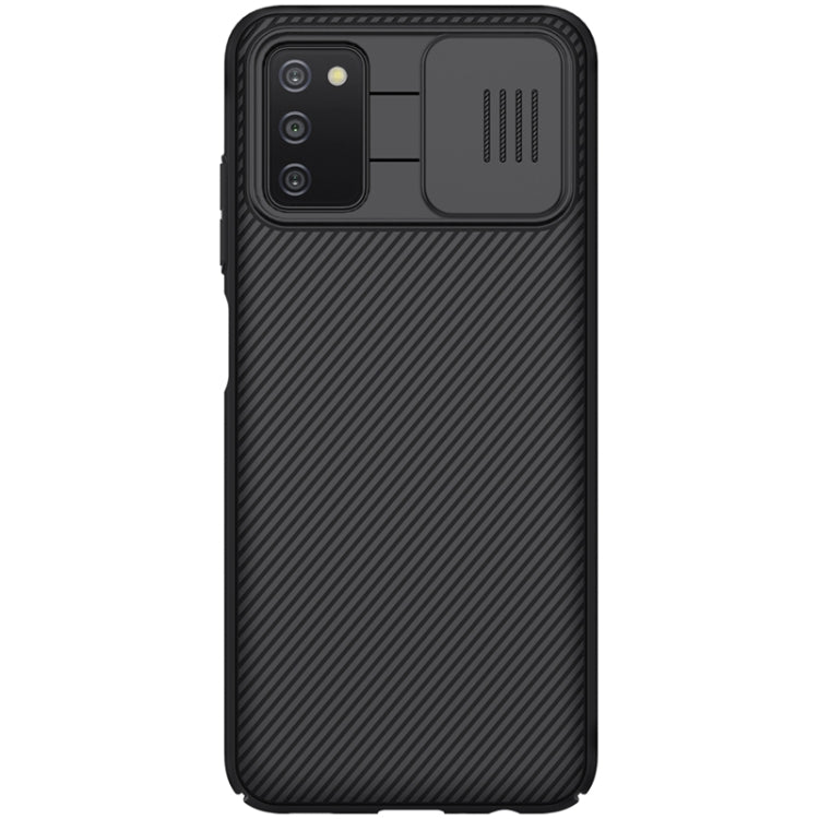 Black NILLKIN PC phone case with textured grip and camera dust cover for Samsung A03s
