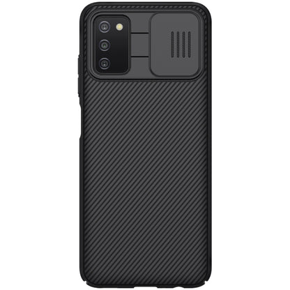 Black NILLKIN PC phone case with textured grip and camera dust cover for Samsung A03s
