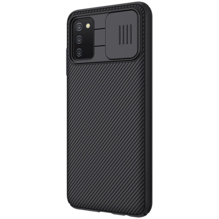 Black NILLKIN phone case with camera cutout and textured stripe pattern for Samsung A03s