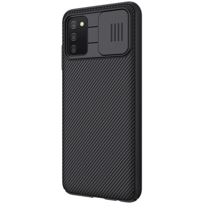 Black NILLKIN phone case with camera cutout and textured stripe pattern for Samsung A03s