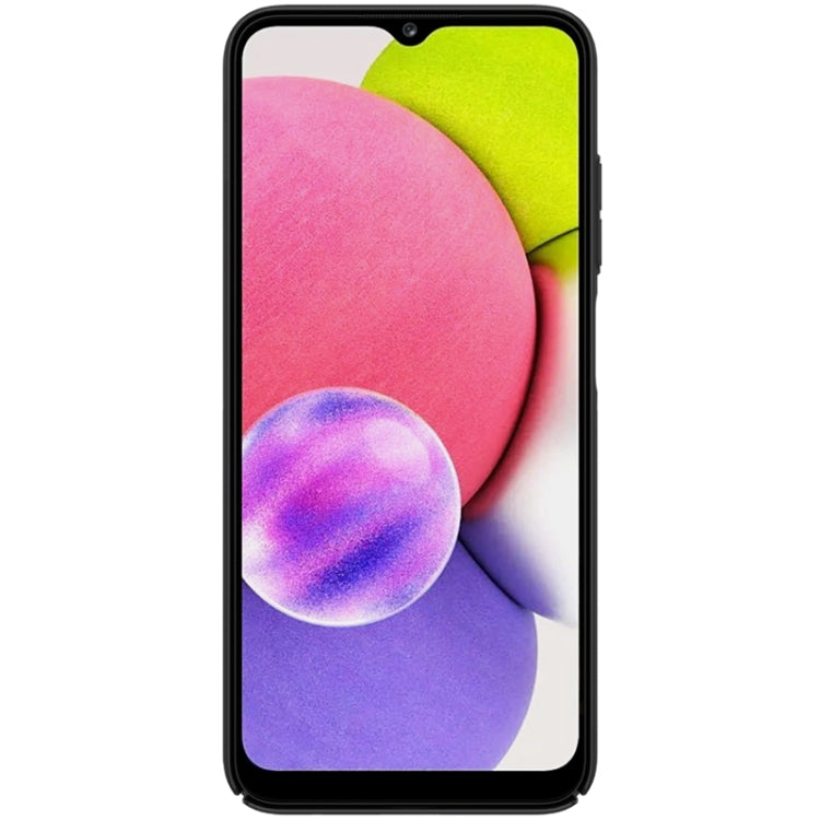 Black NILLKIN protective phone case on Samsung A03s with camera cover and raised edges