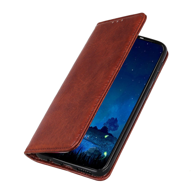 Magnetic flip leather phone case, brown, folded cover for phone viewing