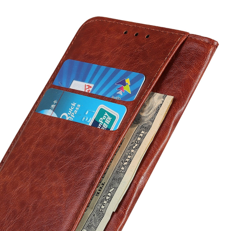 Brown leather flip phone case with card holder slots and inner money pocket