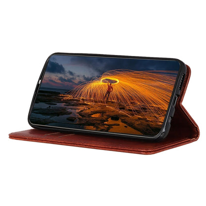 Magnetic flip leather phone case, brown, stand position with front phone visible