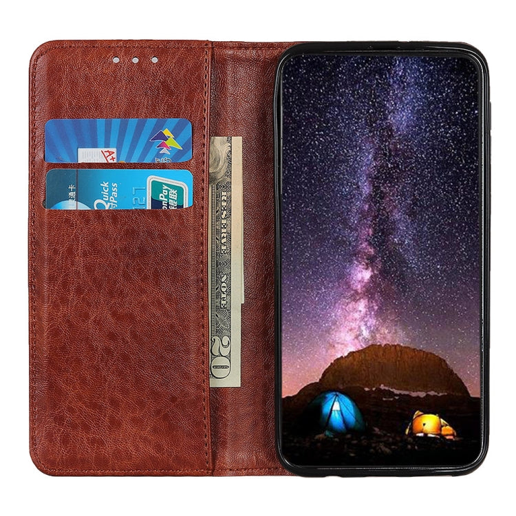 Brown leather flip phone case with card slots and covered front phone display