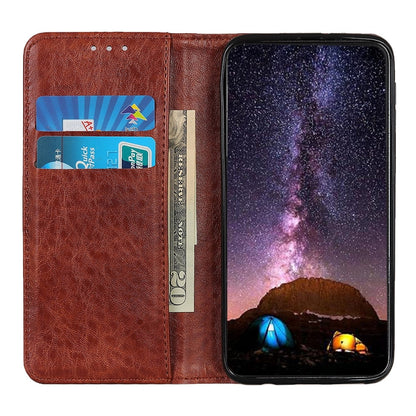 Brown leather flip phone case with card slots and covered front phone display