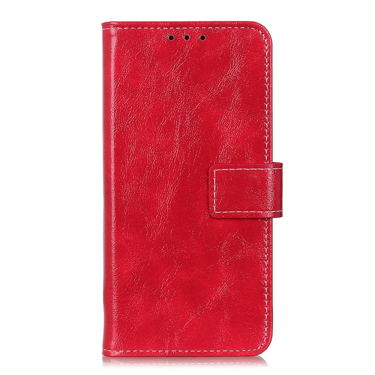 Red leather flip phone case with stitched strap and top speaker cutouts