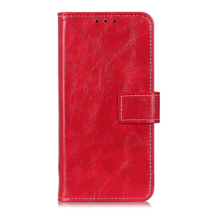Red leather flip phone case with stitched strap and top speaker cutouts
