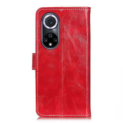 Red leather folio phone case with camera cutouts and side flip strap