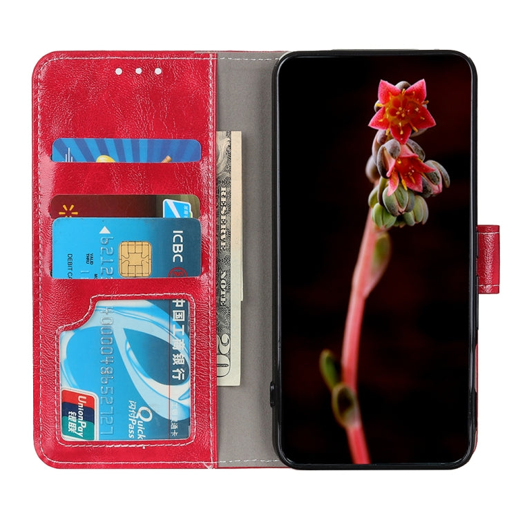 Red leather folio phone case open with card slots and phone screen