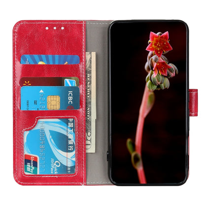 Red leather folio phone case open with card slots and phone screen