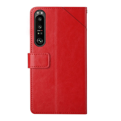 Red leather flip phone wallet case with camera cutout and side card pocket