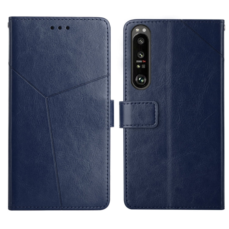 Leather flip phone case with card slots and holder—blue, front and back view